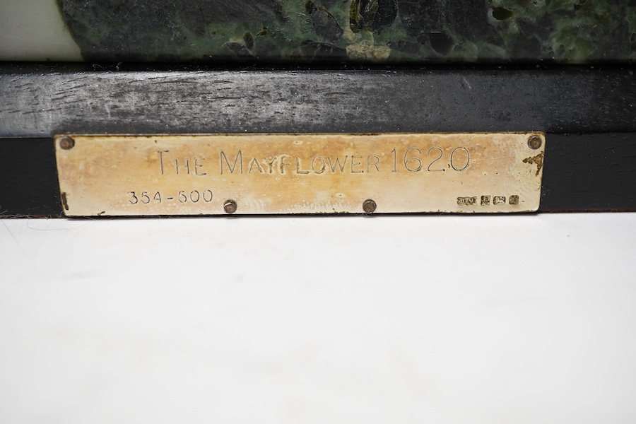 A modern miniature silver limited edition model of the Mayflower sailing ship, by Boehm of Malvern England, Birmingham, 1987, on a marble and wooden plinth base, no. 354/500, ship dimensions length 13cm, height 13.5cm, w